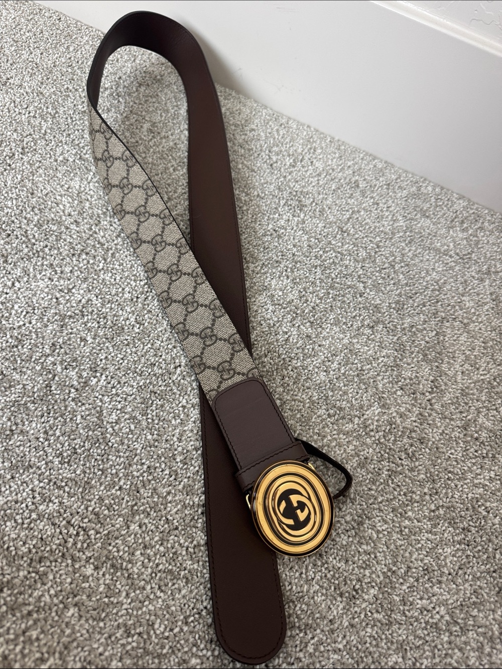 Gucci Brown Leather & Beige GG Canvas Belt with Gold Buckle